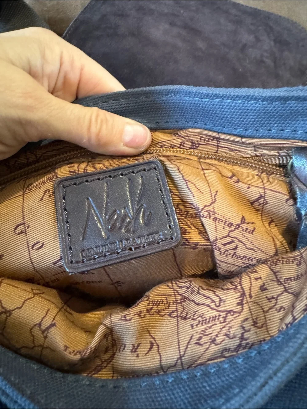 Unisex Brown Leather and blue canvas Messenger Bag - patricia nash